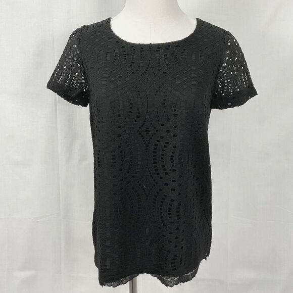 J Crew Black Lace Shirt Lined Keyhole button back S/Sleeve Top Blouse Sz O New - Picture 1 of 5
